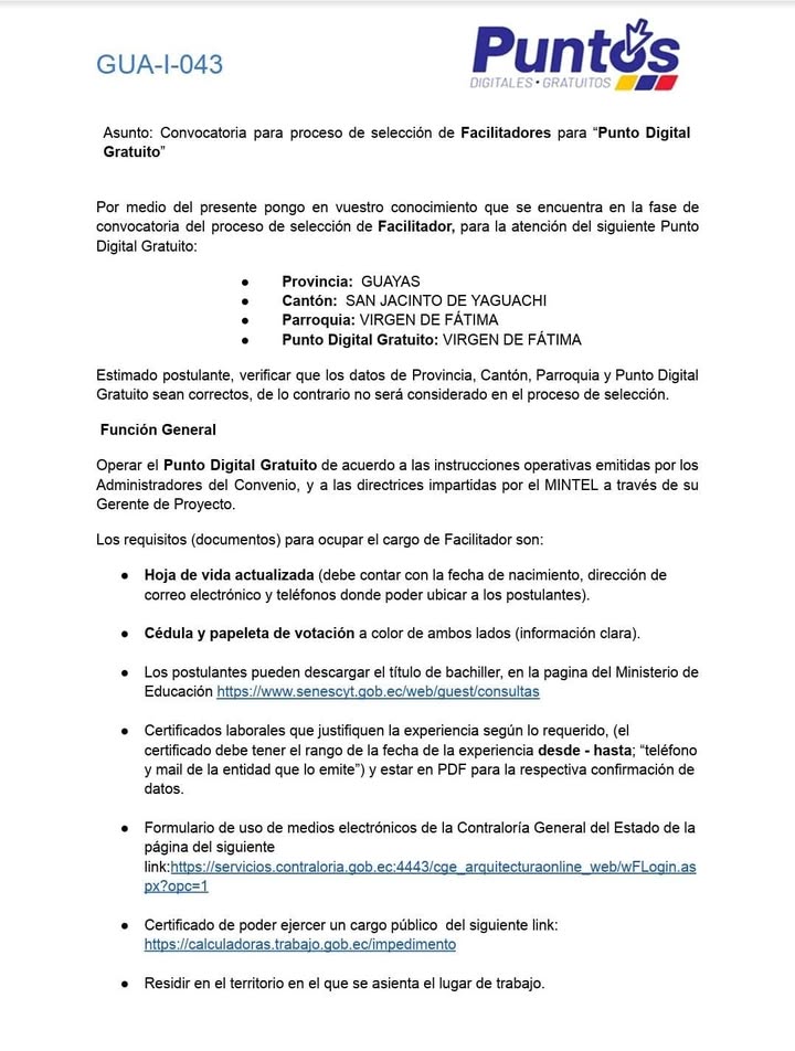 Convocatoria para Facilitador del Punto Digital en La Bélgica, Yaguachi