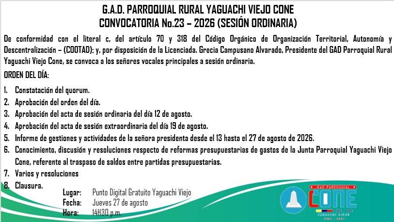 GAD Yaguachi convoca sesión ordinaria para abordar agenda municipal