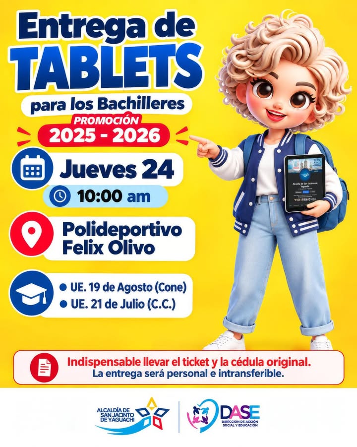 Entrega de tablets para bachilleres de Yaguachi se realizará este jueves y viernes