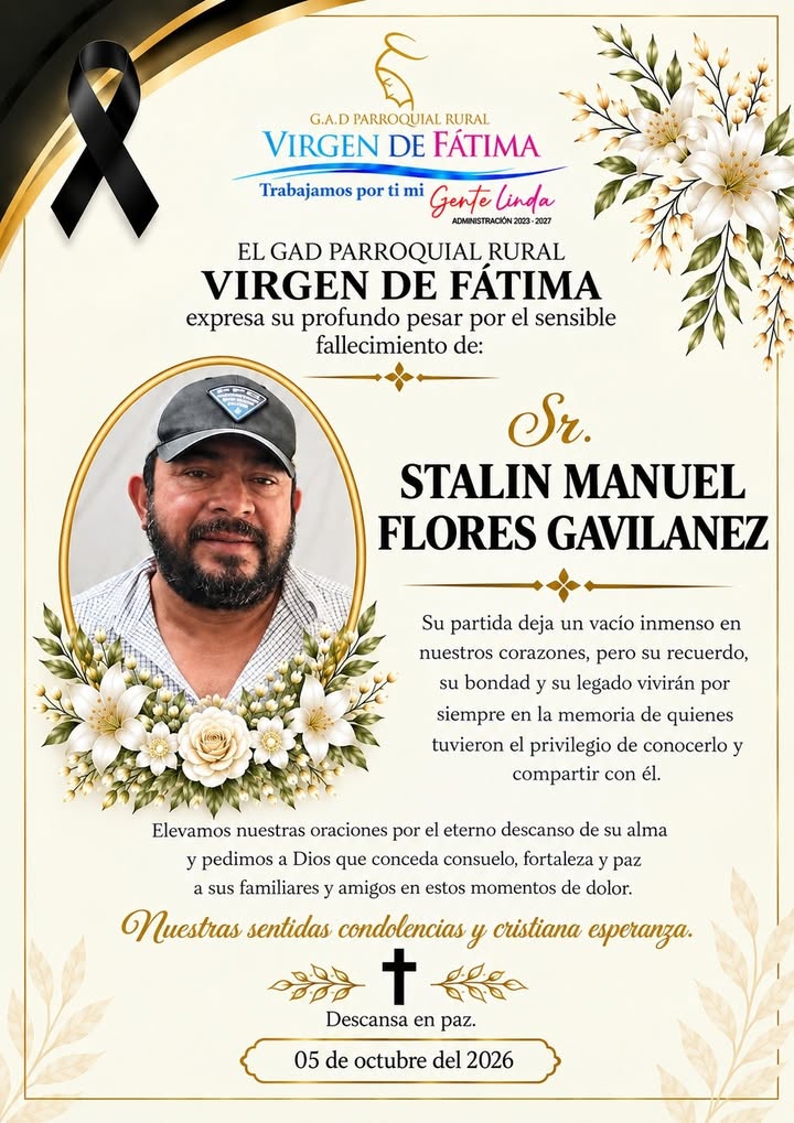 La junta parroquial de Virgen de Fátima lamenta el fallecimiento de Stalin Flores