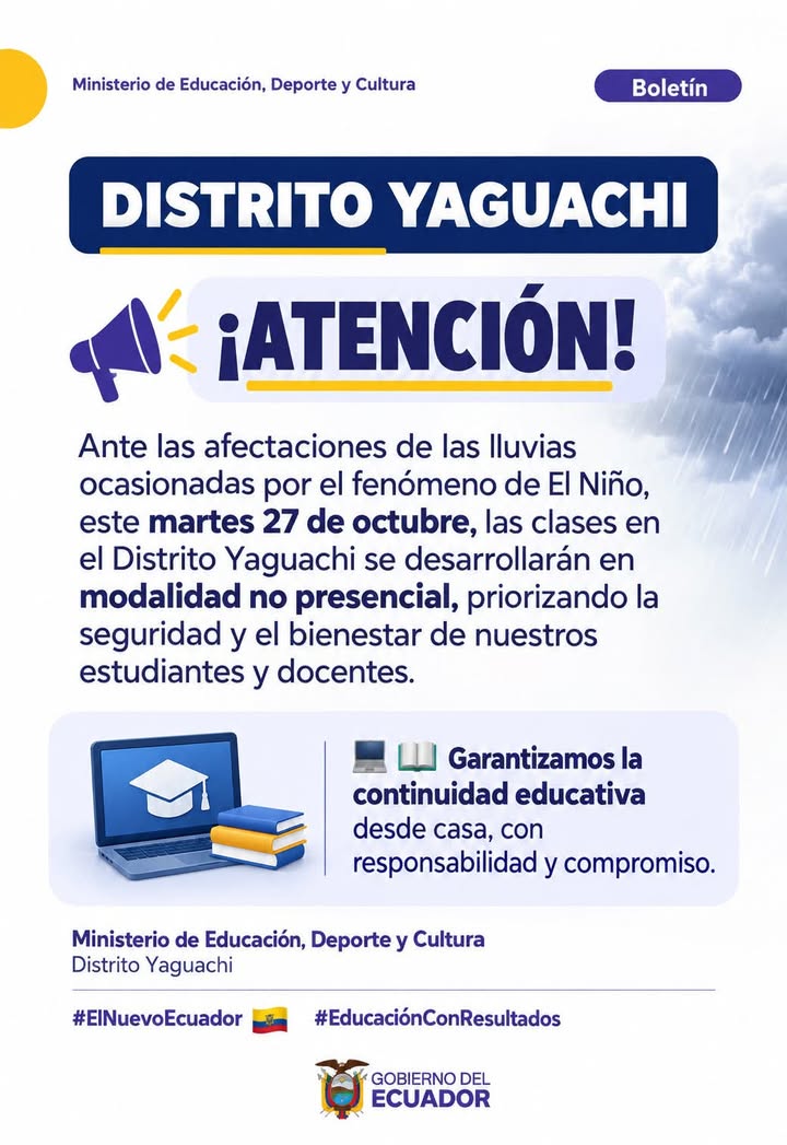 Clases suspendidas en Yaguachi por lluvias del Niño este martes