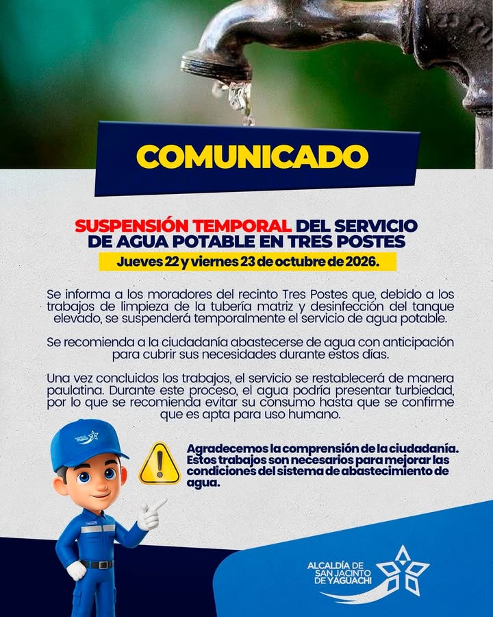 Suspensión del agua en Tres Postes este jueves y viernes por limpieza