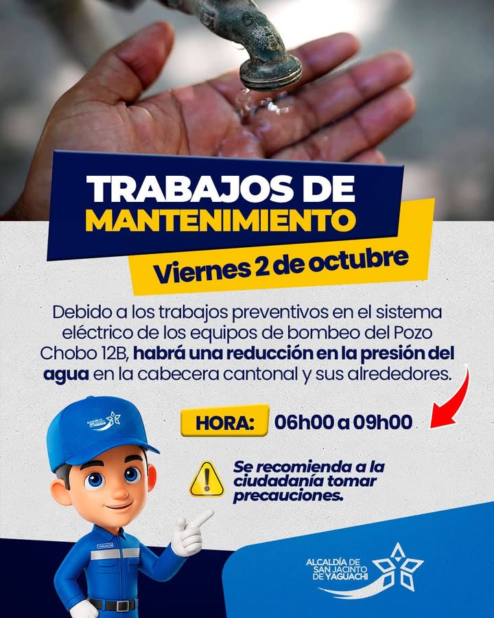 Menor presión del agua este viernes en San Jacinto por mantenimiento eléctrico