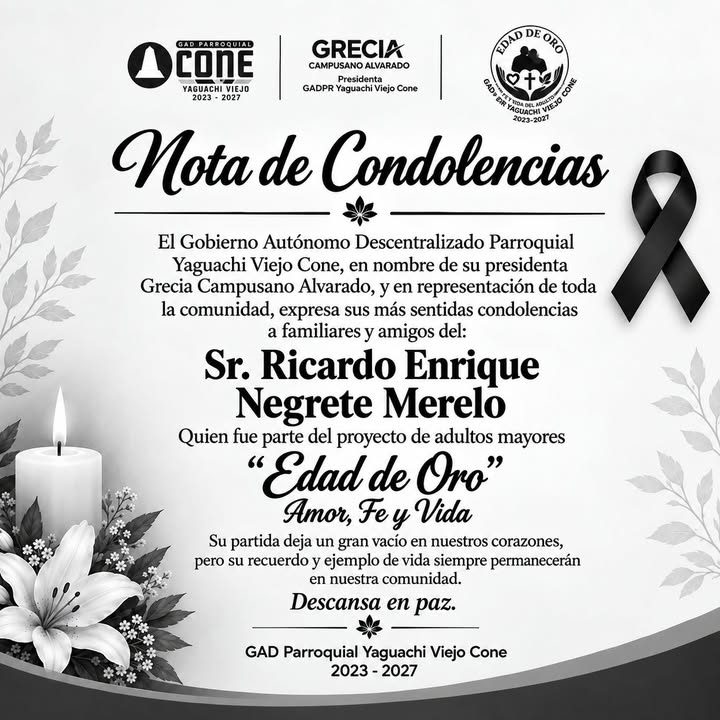 Yaguachi Viejo: La junta parroorial lamenta el fallecimiento de Ricardo Negrete