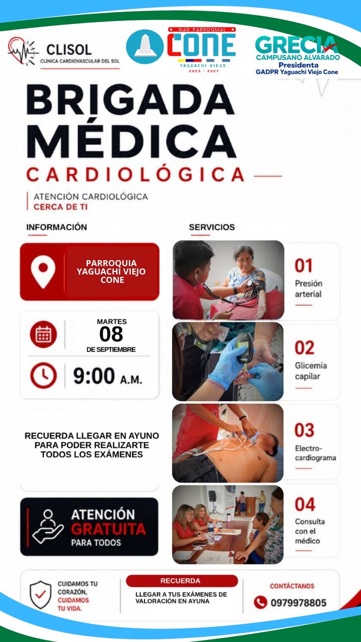 Brigada cardiológica gratuita llega a Yaguachi Viejo Cone el 8 de septiembre