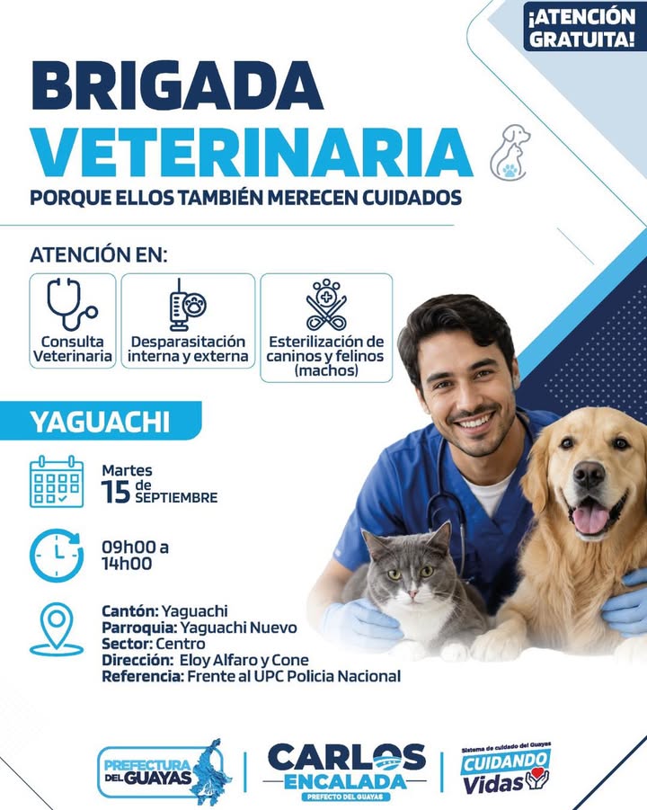 Brigada veterinaria gratuita en Yaguachi Nuevo: Esterilización y salud para mascotas este martes